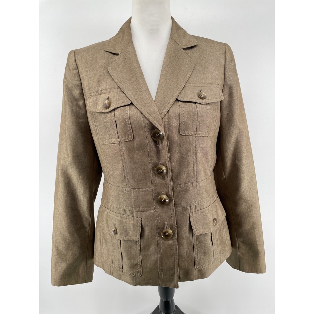 Kasper Utility Pockets Blazer Womens 8 Tan Safari Military Academia Structured